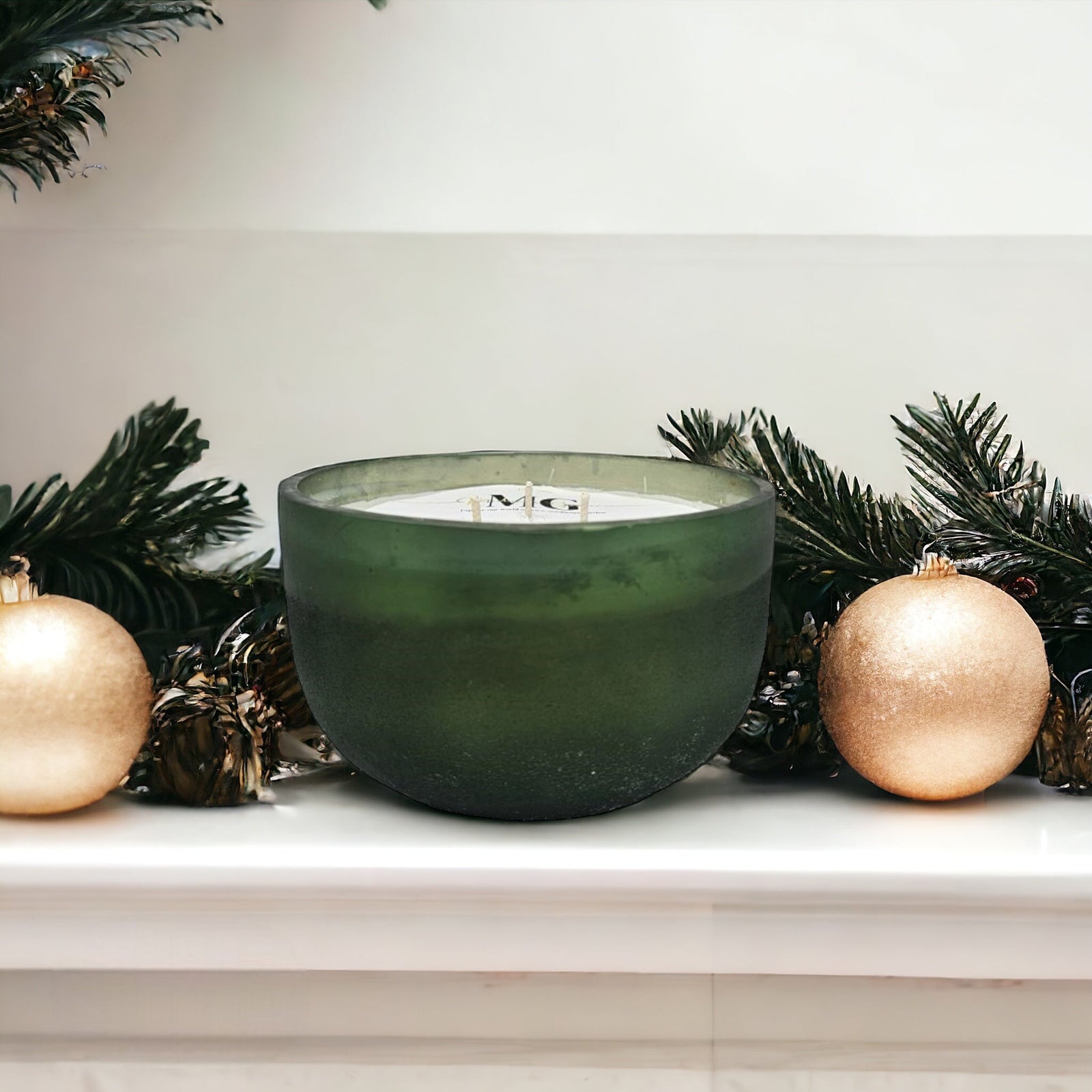 Vintage Green Glass Candle, 5.5" x 3.5"